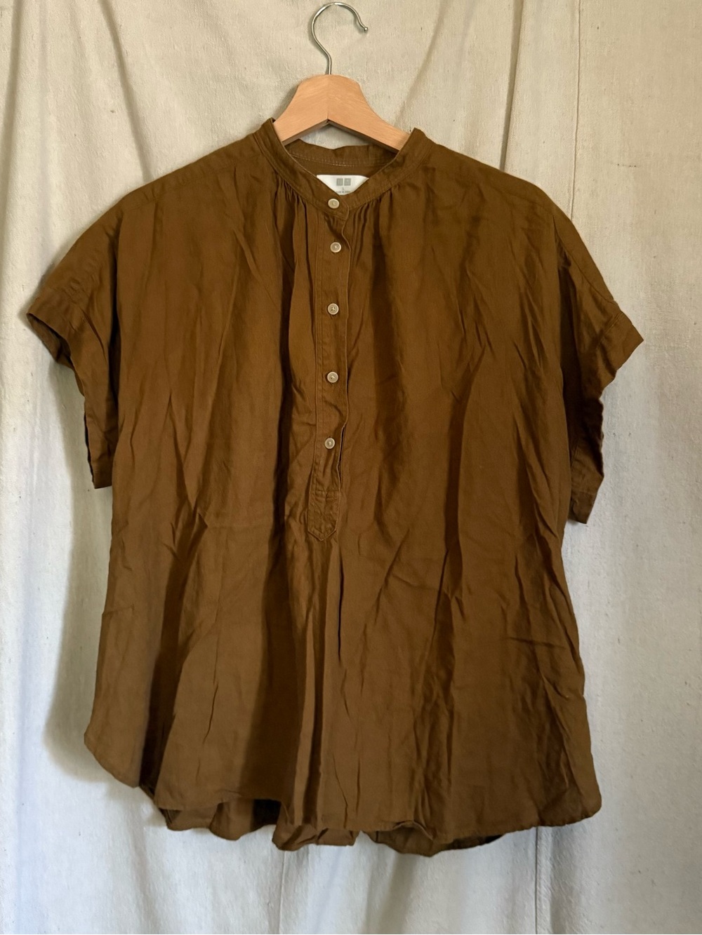 Mustard Brown Short-Sleeve Button-Down Mandarin Collar Shirt